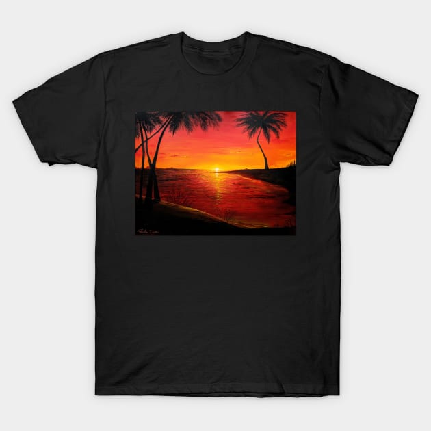 Red Sunset on the Beach T-Shirt by PriscillaDodrill